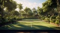 A pristine pickleball court surrounded by vibrant greenery