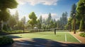 A pristine pickleball court surrounded by vibrant greenery