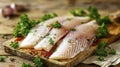 A Pristine Raw Fish Fillet Garnished with Parsley on a Wooden Cutting Board Royalty Free Stock Photo