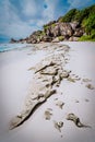 Pristine sandy beach Grand Anse in La Digue, Seychelles with its world famous granite rock formations. Nature leading Royalty Free Stock Photo