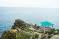 Pristine sea with rocky cliff at Dai Lanh cape point, Mui Dien, Phu Yen province, easternmost of Viet nam. Royalty Free Stock Photo