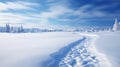 A pristine snow-covered surface under a cloudless winter sky.