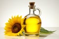 A pristine sunflower oil bottle, isolated against a white backdrop