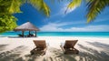 Pristine Tropical Beach Scene: Sunbeds Under Tropical Palm Trees Where White Sand Meets Azure Sea. Generative Ai.