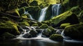 Pristine waterfall with green moss and rocks in nature