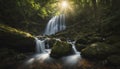 A pristine waterfall hidden deep in the forest, with sunlight streaming through the