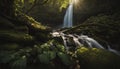 A pristine waterfall hidden deep in the forest, with sunlight streaming through the