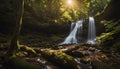 A pristine waterfall hidden deep in the forest, with sunlight streaming through the