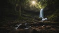 A pristine waterfall hidden deep in the forest, with sunlight streaming through the