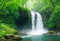 A pristine waterfall hidden within a dense forest, its waters creating a refreshing mist.