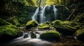 Pristine waterfall with moss covered rocks and greenery