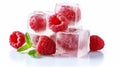 Icecubes and raspberries on white background