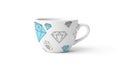 White ceramic coffee mug with scattered blue gemstone cut diamond shapes floating around it on plain background Royalty Free Stock Photo