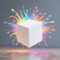 White Cube with Colorful Paint Splashes on Gray Background Royalty Free Stock Photo