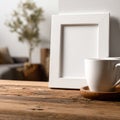 Empty White Photo Frame and Coffee Mug on Rustic Wooden Table Royalty Free Stock Photo