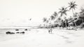 Black And White Realism: Tropical Beach Couple Illustration