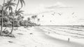 Realistic Black And White Illustrations: Beach, Birds, And Hunting Scenes