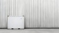 Pristine white shipping container positioned against corrugated metal backdrop, featuring sleek minimalist design and clean visual Royalty Free Stock Photo
