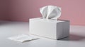 A pristine white tissue box, elegantly presented on a smooth surface against a soft pink backdrop, with a single tissue delicately Royalty Free Stock Photo