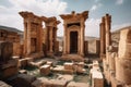 pristinely preserved ancient temple, with broken and toppled columns and archways