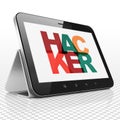 Privacy concept: Tablet Computer with Hacker on display Royalty Free Stock Photo
