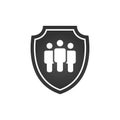 Privacy icon, flat shield with three people silhouette symbol, personal protection sign, insurance or authentication security icon