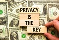 Privacy is the key symbol. Concept words Privacy is the key on wooden blocks on a beautiful background from dollar bills. Royalty Free Stock Photo