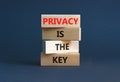 Privacy is the key symbol. Concept words Privacy is the key on wooden blocks on a beautiful grey table grey background. Business, Royalty Free Stock Photo