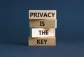 Privacy is the key symbol. Concept words Privacy is the key on wooden blocks on a beautiful grey table grey background. Business, Royalty Free Stock Photo