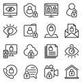 privacy line icons set. website, protect, user, secure, security, database, identity, policy, hacker, software