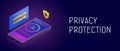 Privacy personal data protection concept with isometric phone, login and password field, padlock shield icon. Cyber security