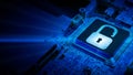 Privacy secure. Network security technology with computer processor chip on digital motherboard background. Protect