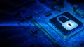 Privacy secure. Network security technology with computer processor chip on digital motherboard background. Protect