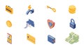 Private account access icons isometric set. Online banking, security system items isolated on white background. Money