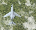 Private airplane fly over the forest with clouds. top view