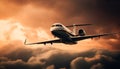 Private airplane taking off in dramatic sunset sky, luxury travel generated by AI Royalty Free Stock Photo