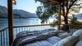 A private balcony overlooking a serene lake with the gentle lapping of waves creating a peaceful sleep soundtrack. 2d