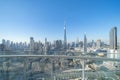 Private balcony or terrace at Burj Khalifa in hotel, Dubai Downtown skyline, United Arab Emirates or UAE. Financial district in Royalty Free Stock Photo