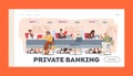 Private Banking Landing Page Template. People at Bank Office. Characters Use Finance Services. Client Talk to Managers