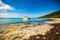 Private boat at seashore carribean vacation getaway Royalty Free Stock Photo