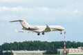 A Private Bombardier BD-700 with tail number TC-KRM is landing at Vnukovo Airport. Jet corporate business aviation Royalty Free Stock Photo