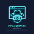 Private browsing neon thin line icon: person in hat and face mask on web page. Modern vector illustration