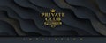 Private club - Glitter gold logo with crown and flourishes element on a abstract layered black background with golden halftone.