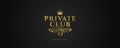 Private club - Glitter gold logo with crown and flourishes element on black background.