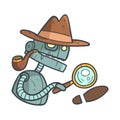 Private Detective Blue Robot With Magnifying Glass And Pipe Cartoon Outlined Illustration With Cute Android And His