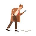 Private detective going on trace look through magnifying glass vector flat illustration. Inspector in coat, hat and