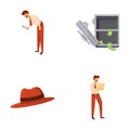 Private detective icons set cartoon vector. Man detective near hacked safe