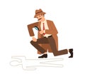 Private detective look through magnifying glass at crime scene vector flat illustration. Professional cartoon inspector