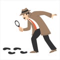 Private detective with a magnifier follows footprints