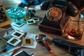 Private detective`s desk, noir still life with a vintage phone, typewriter, lamp, gun and retro photos Royalty Free Stock Photo